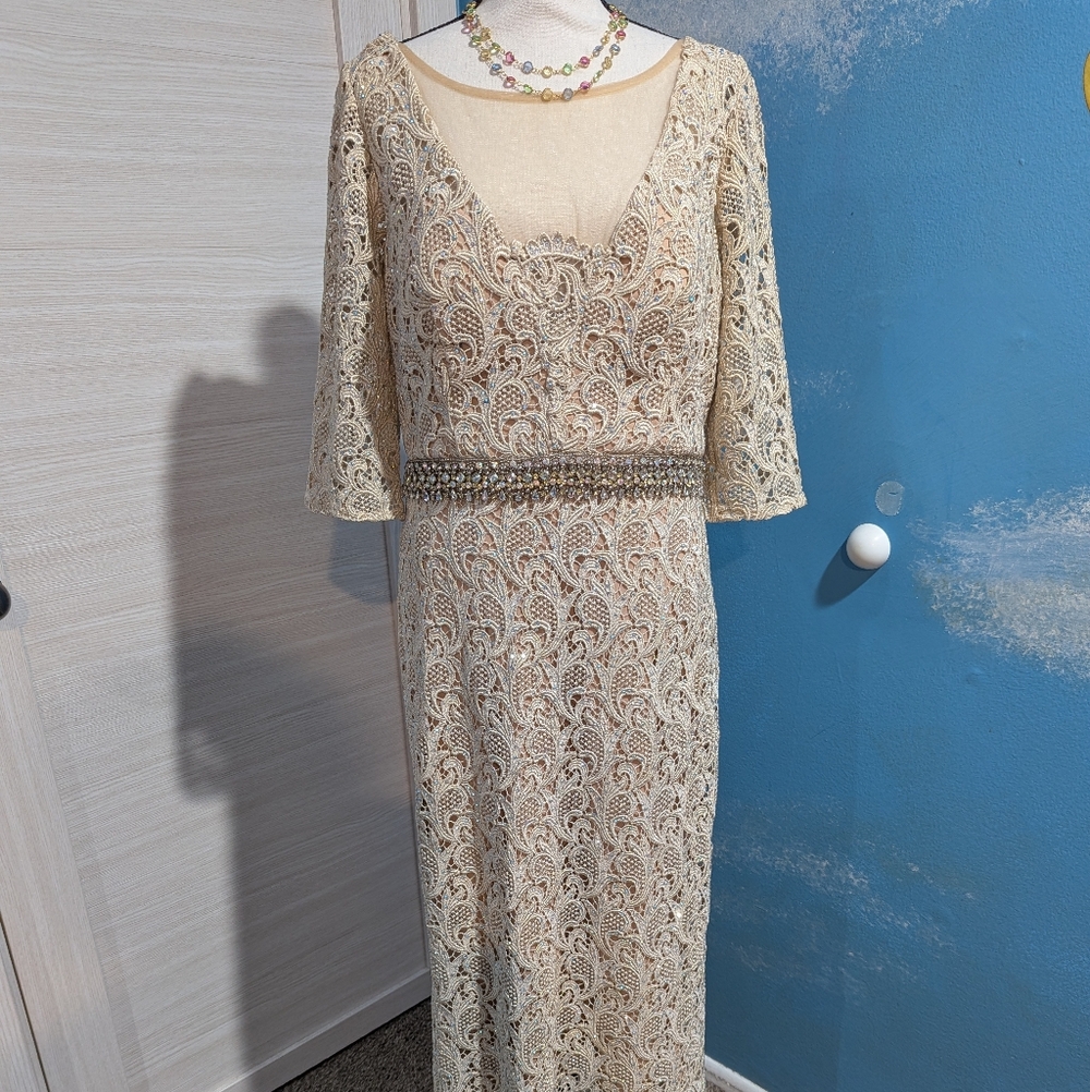 Terani Couture Elegant Lace Dress with Beaded Waist